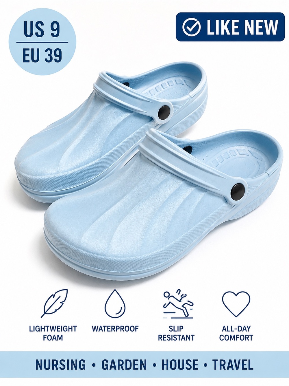 Light Blue Foam Clogs Women’s US 9 EU 39 Nursing Garden Shoes comfort